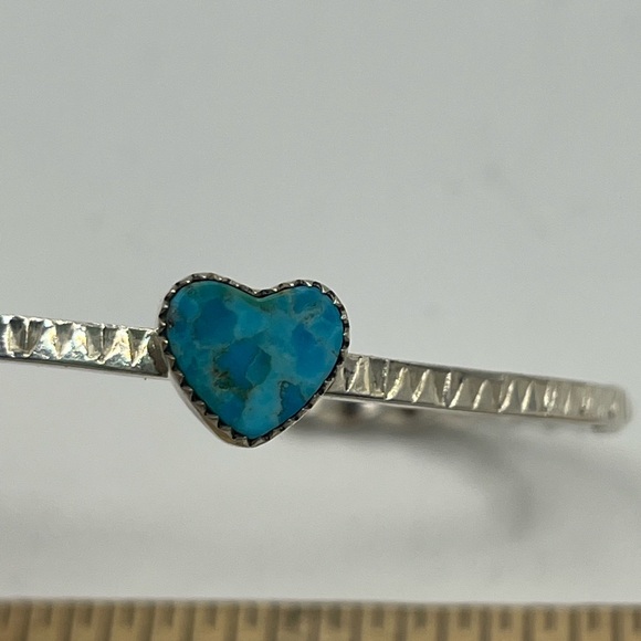 Sterling Silver Heart Turquoise Bangle Bracelet - Handmade. Southwestern Native - Picture 4 of 7